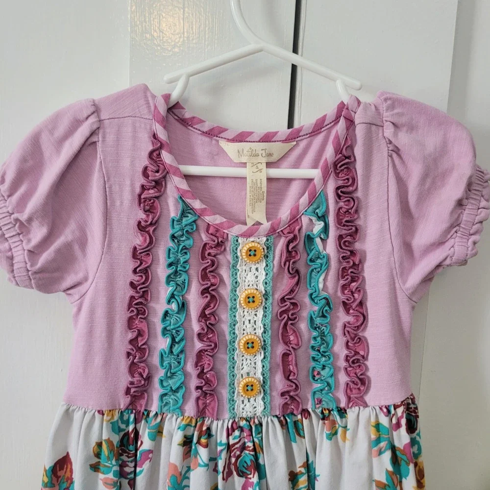 Matilda Jane Lot of 2 Size 4 Dress Joanna Gaines Striped Floral Ruffle Patchwork